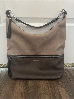 Calvin Klein Elaine Hobo Shoulder Bag Taupe Gray Two Tone Faux Leather